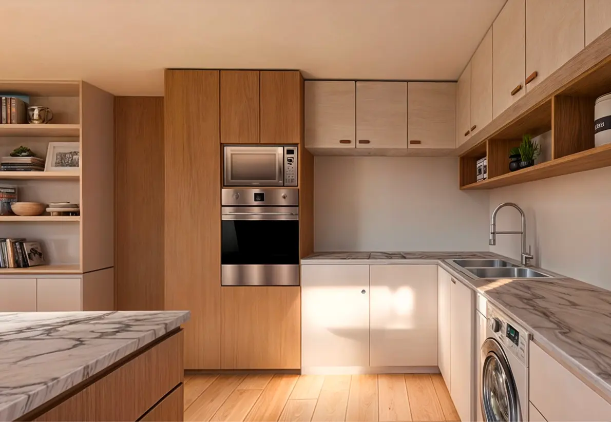 Detalle de mobiliario y decoración en tonos frappe